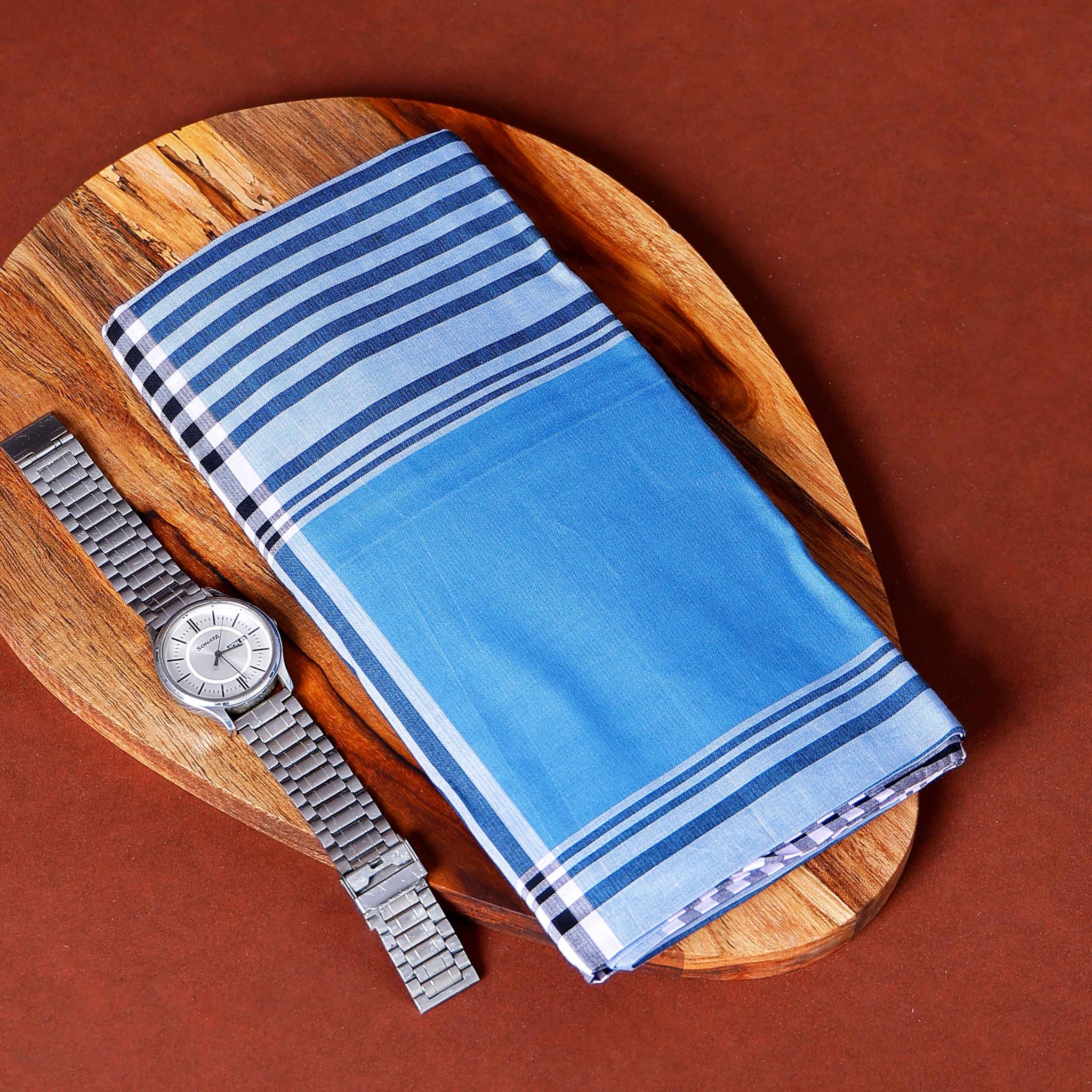 999 Brand Men's Premium Cotton Striped Lungi Stitched - Blue