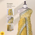 Bengal Cotton Saree With Self Woven Geometric And Spiral Motifs In Yellow Draped Front View With Striped Border