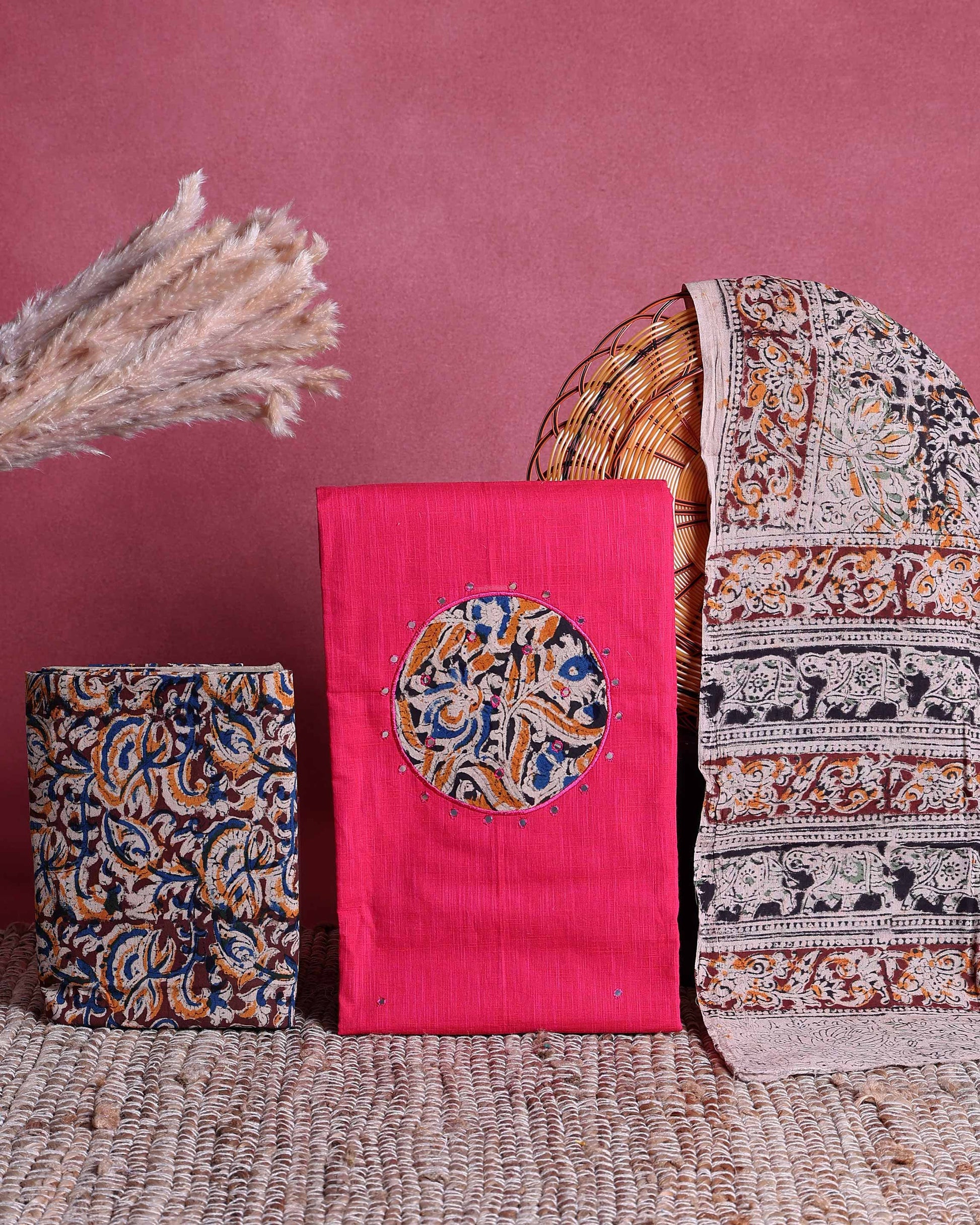 Women’s Unstitched Salwar Suit Material Set with Kalamkari Print Top 2.5 Mtr, Bottom 2 Mtr and Dupatta 2.25 Mtr, Pink