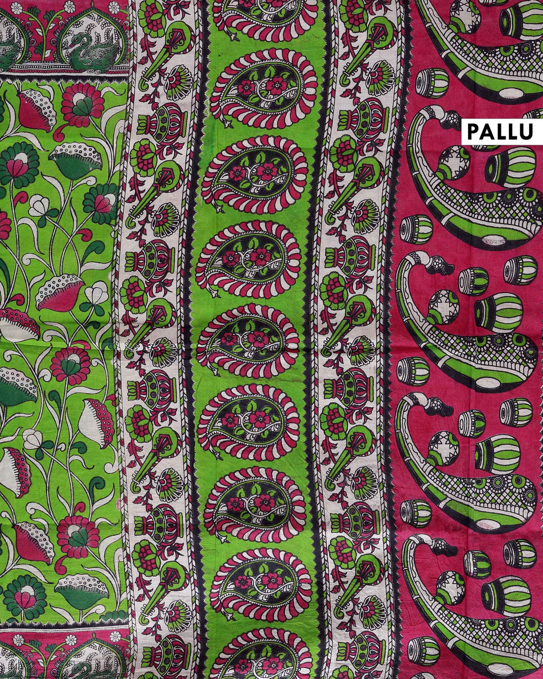 Handcrafted Kalamkari Cotton Saree with Traditional Floral & Avian Motifs  - Green