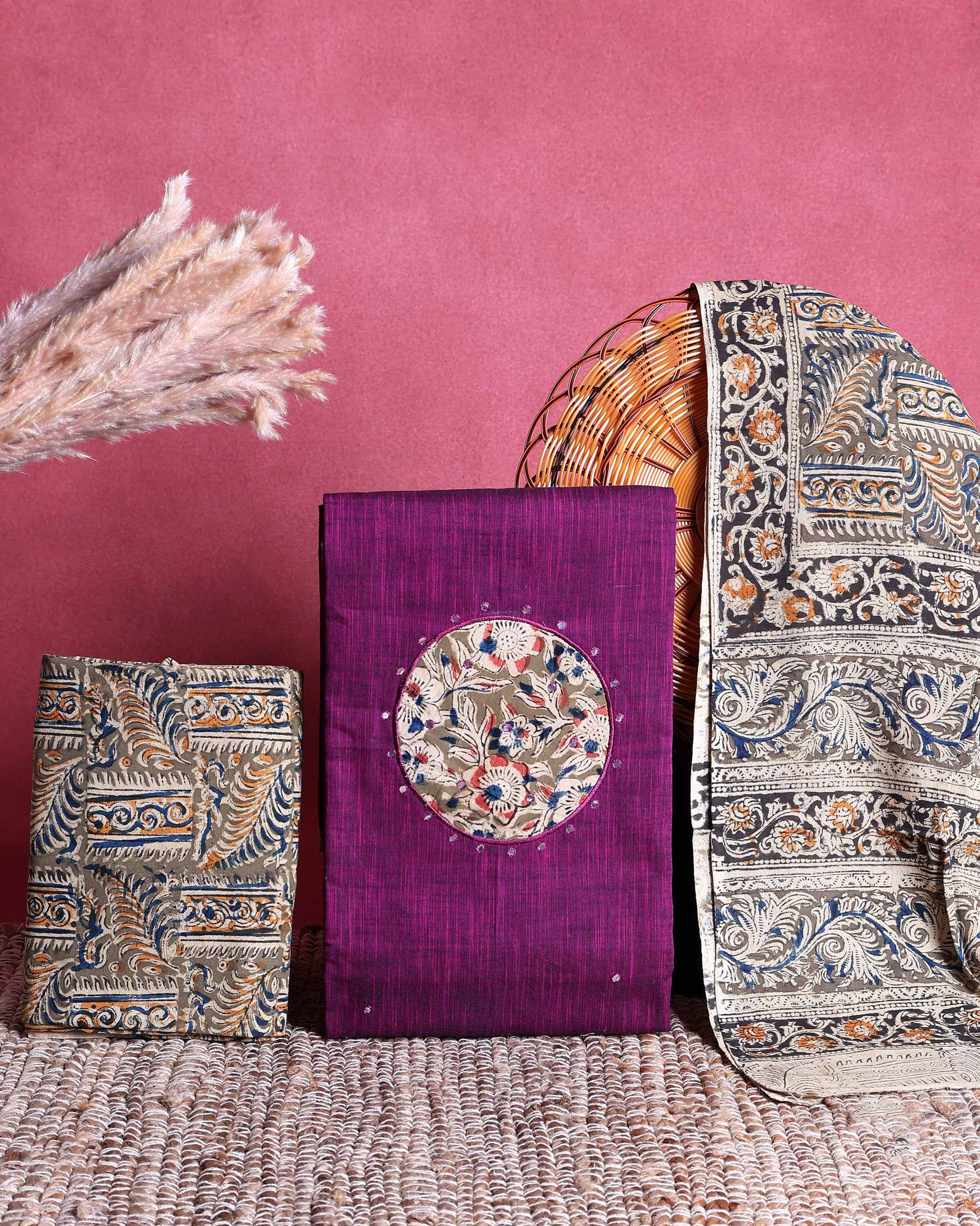 Women’s Unstitched Salwar Suit Material Set with Kalamkari Print Top 2.5 Mtr, Bottom 2 Mtr and Dupatta 2.25 Mtr, Purple
