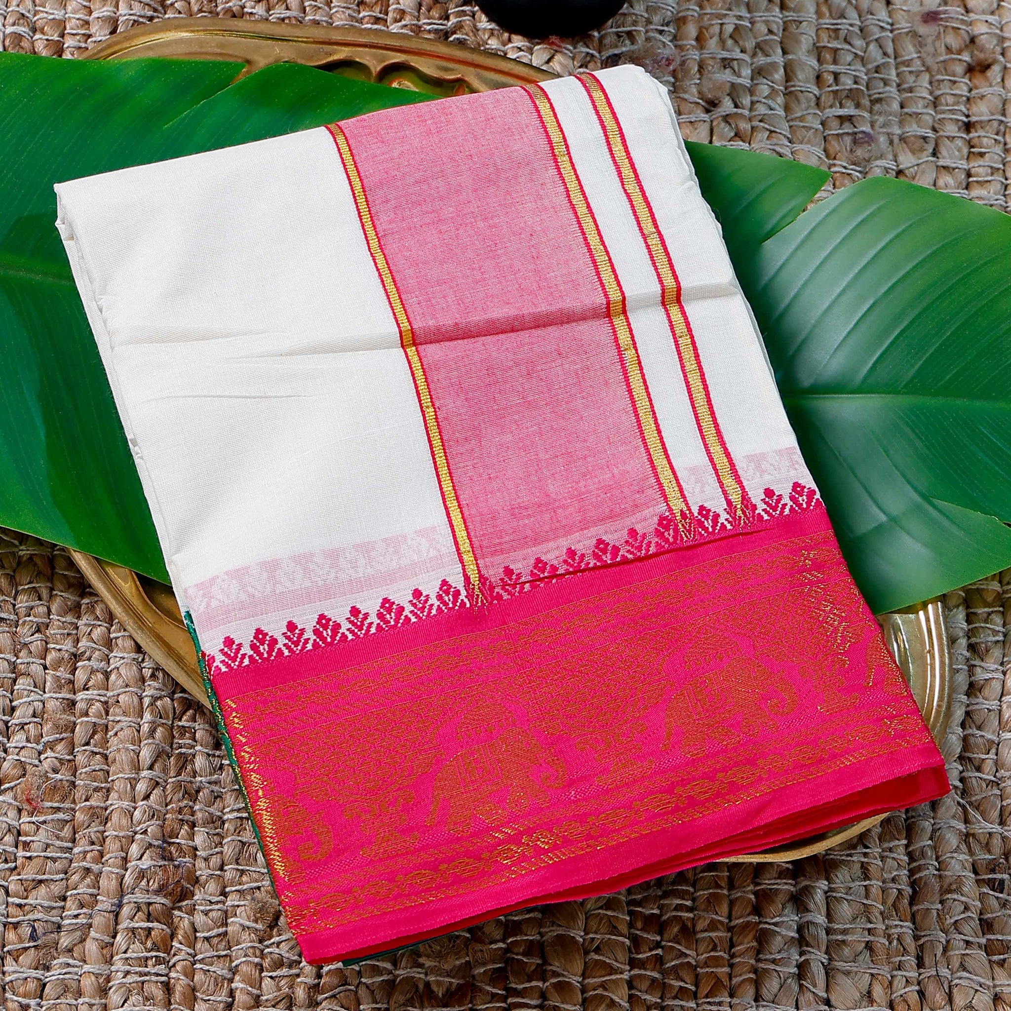 Men’s Cotton Dhoti with Pink Colour Border - White
