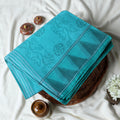 Bengal Cotton Saree with Floral Vine Pattern  and Contrast Striped Pallu in  Blue- Close Up View

