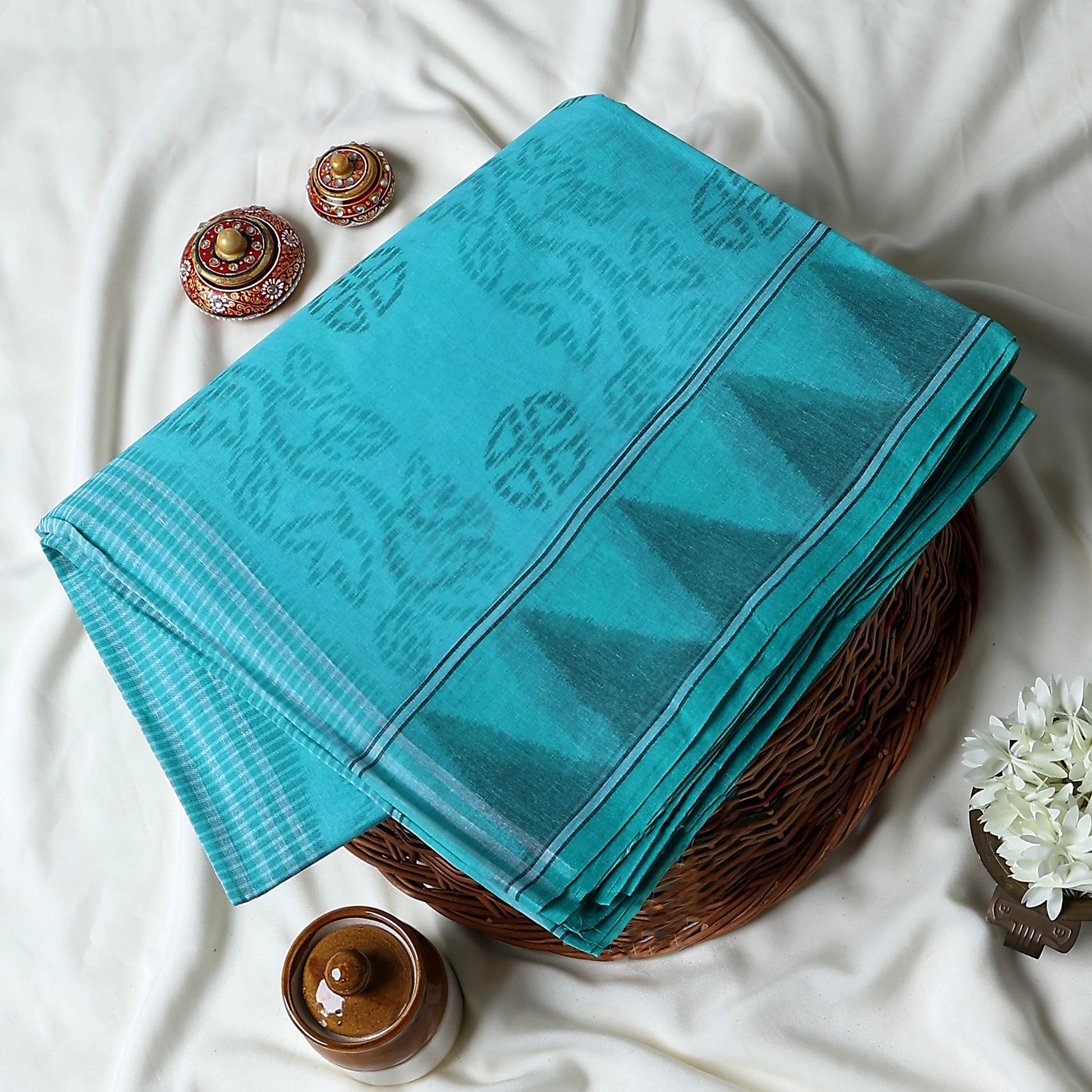 Bengal Cotton Saree with Floral Vine Pattern  and Contrast Striped Pallu in  Blue- Close Up View
