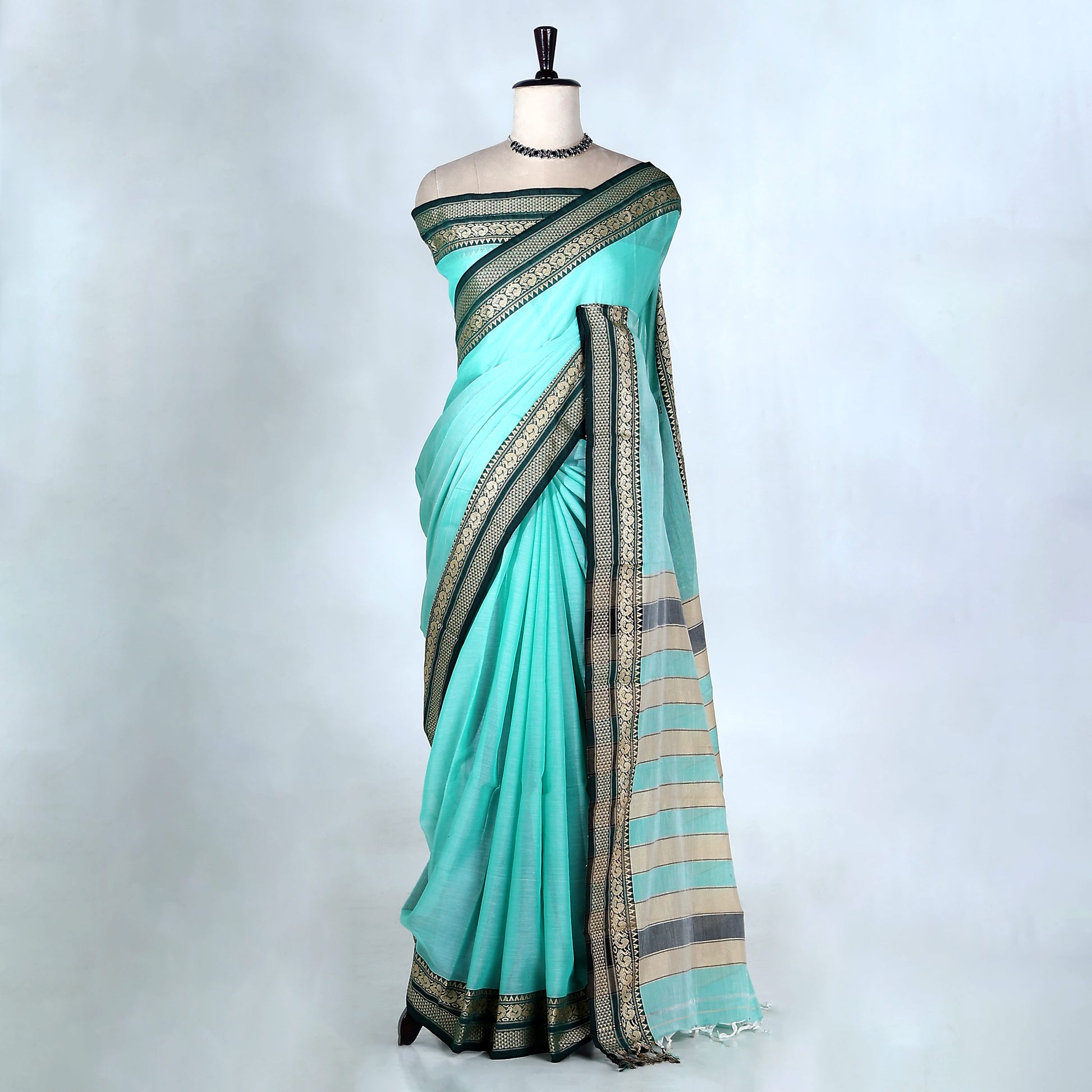 Aqua Blue Mangalagiri Cotton Saree for Women | Festive Summer Collection | Jeyachandran - Full View