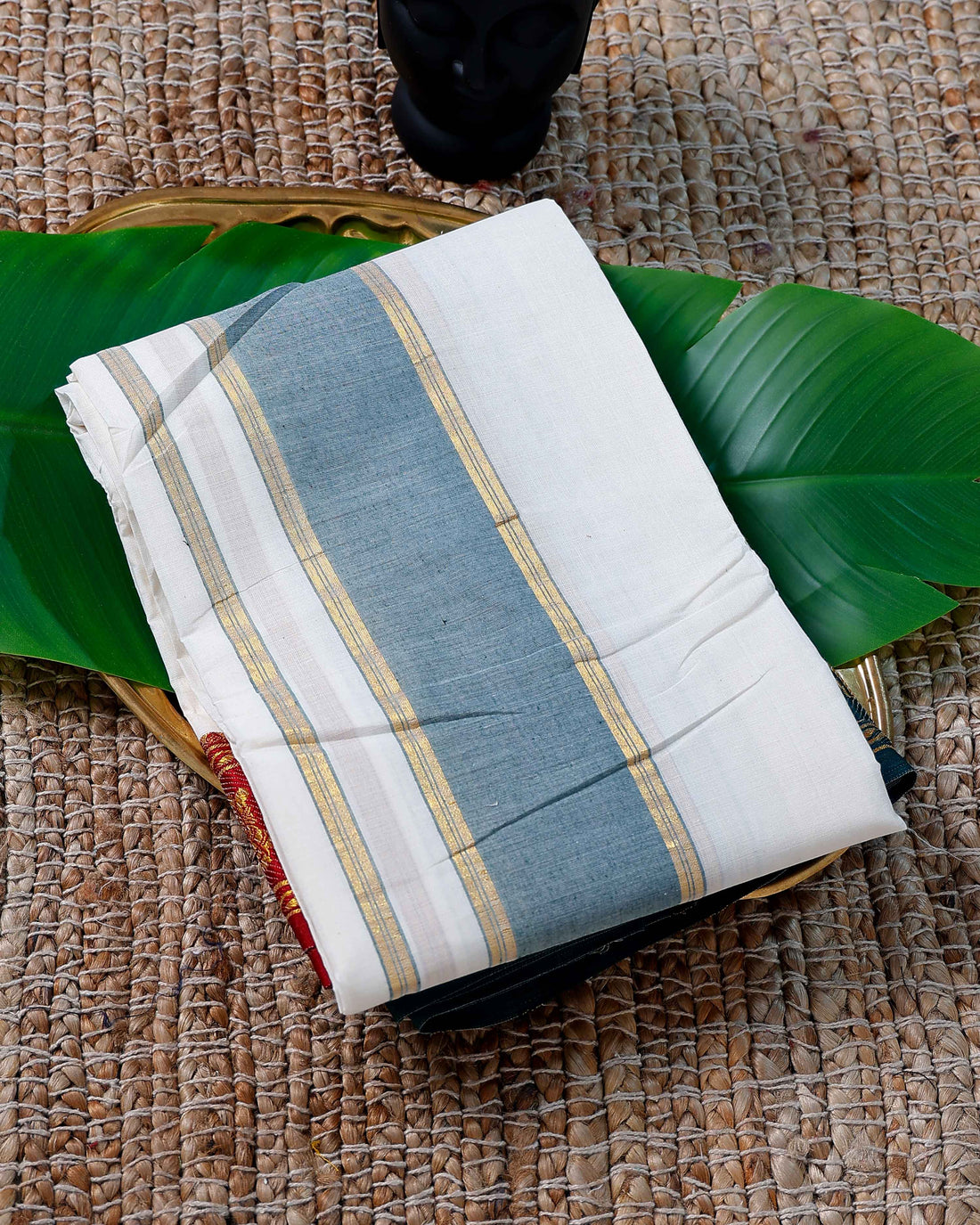 Men’s Cotton Dhoti with Green Colour Border - White