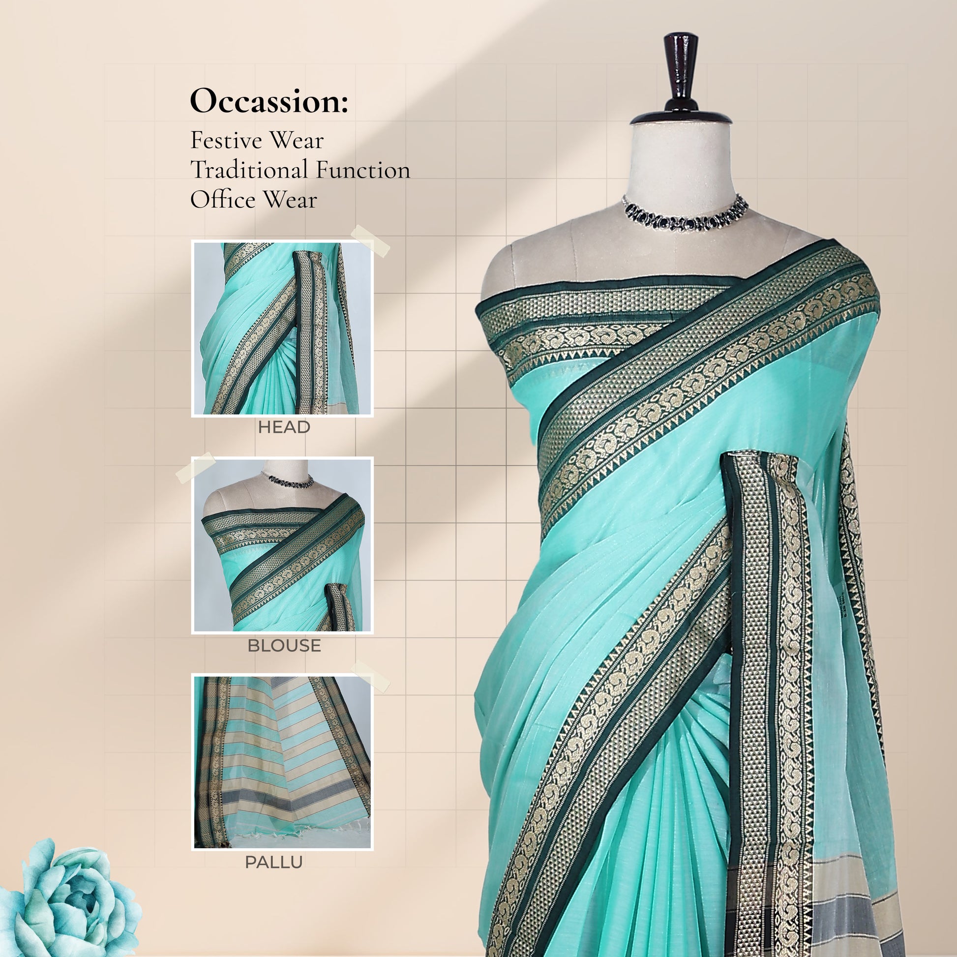 Traditional Mangalagiri Cotton Saree With Peacock Zari Woven Black Border In Aqua Blue Shade Draped Front View
