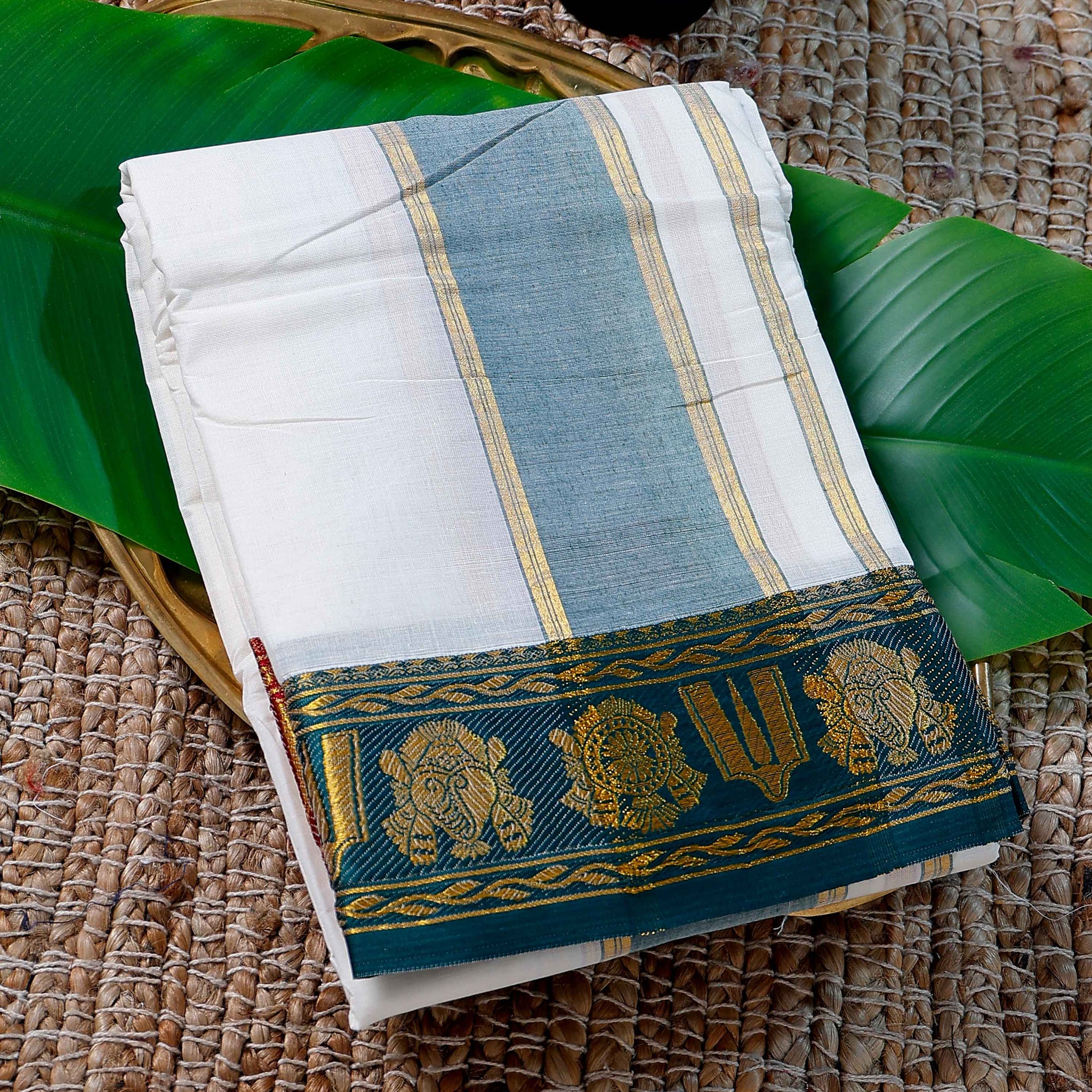 Men’s Cotton Dhoti with Green Colour Border - White