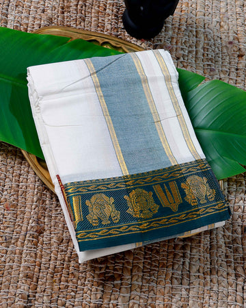 Men’s Cotton Dhoti with Green Colour Border - White