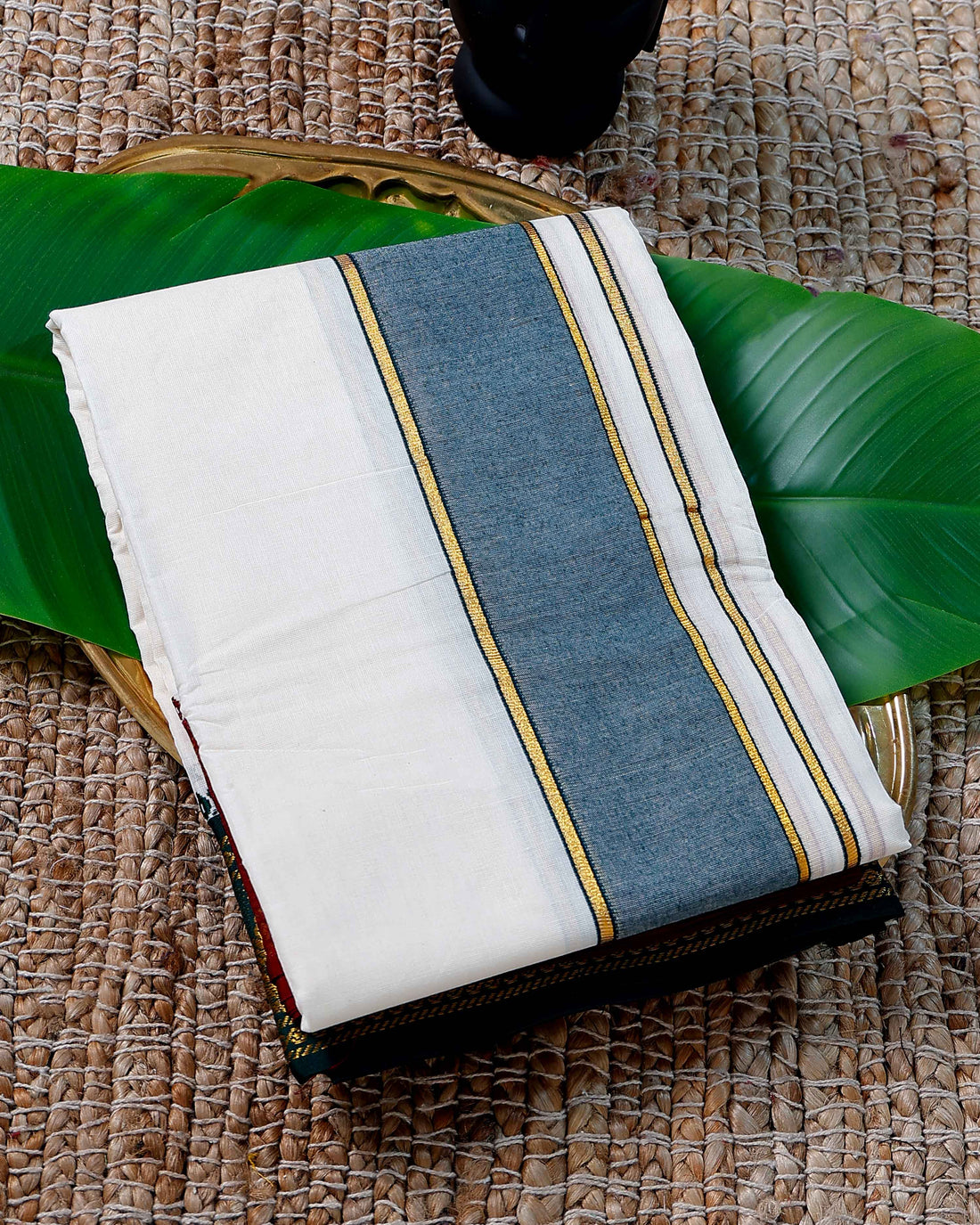Men’s Cotton Dhoti with Green Colour Border - White