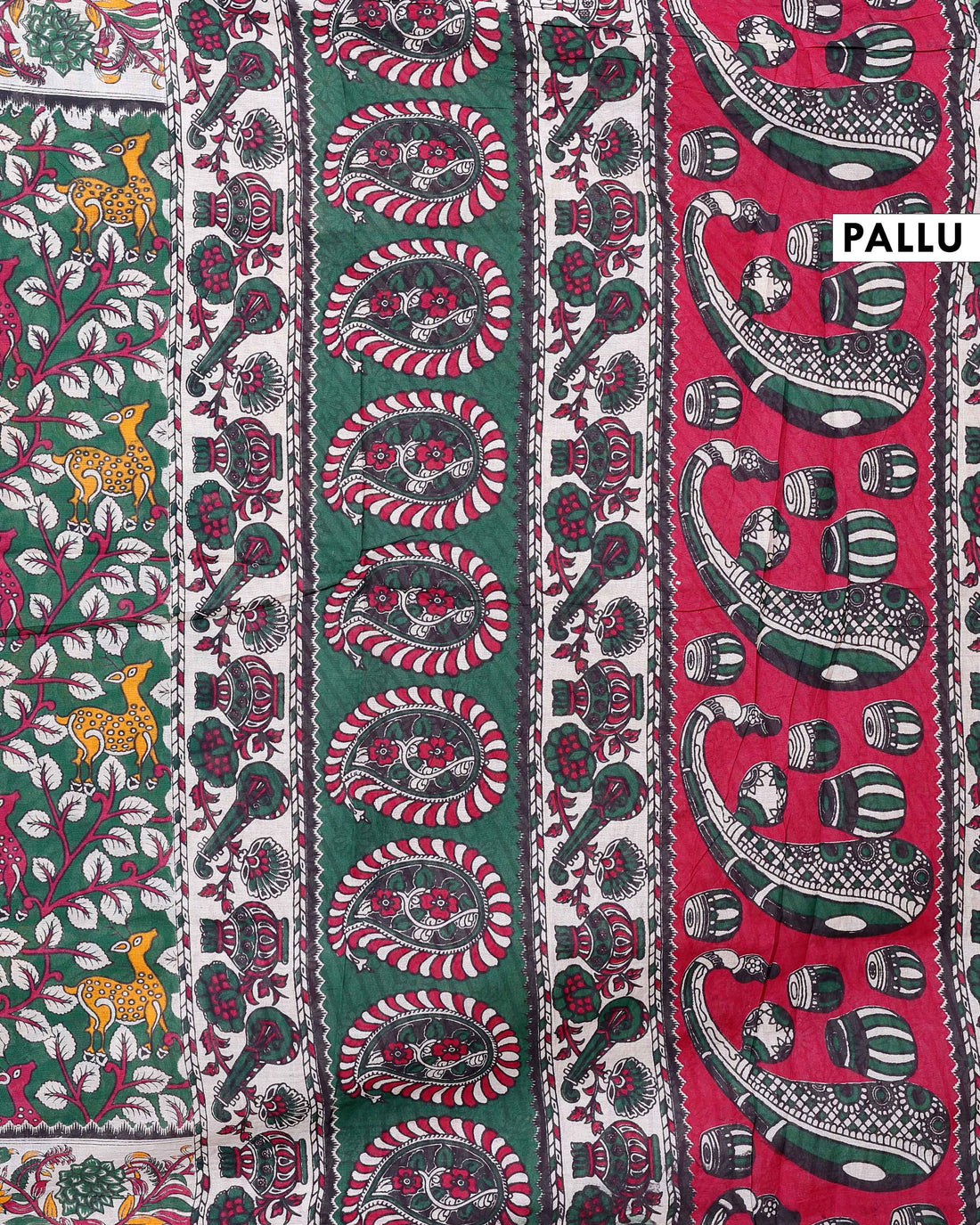Traditional Kalamkari Cotton Saree with Motifs and Floral Border - Green