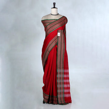Mangalagiri Cotton Saree with Solid Body Temple Border and Traditional Floral Butta Design - Full View