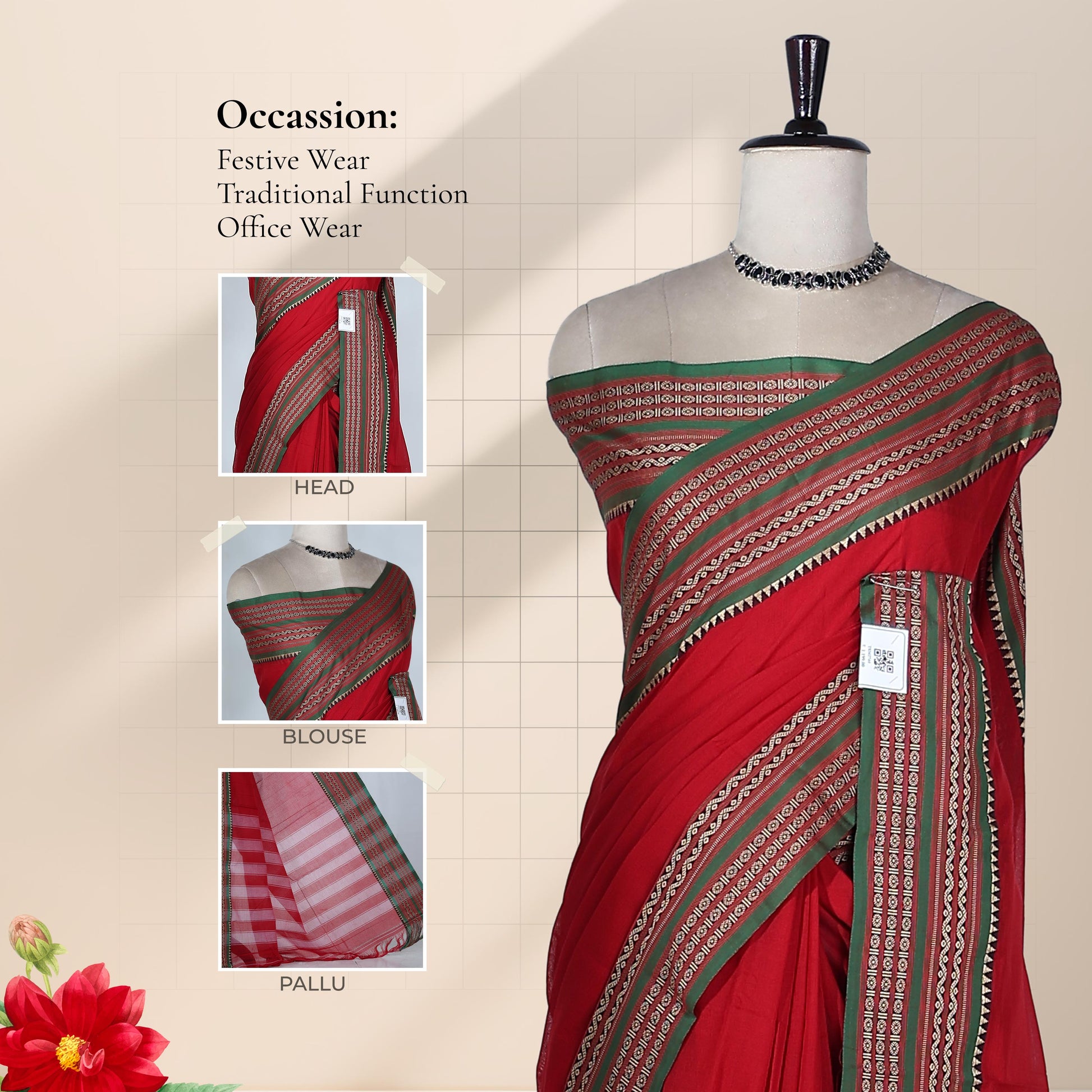 Mangalagiri Cotton Saree With Elegant Contrast Border Matching Running Blouse Piece And Striped Pallu With Traditional Woven Designs
