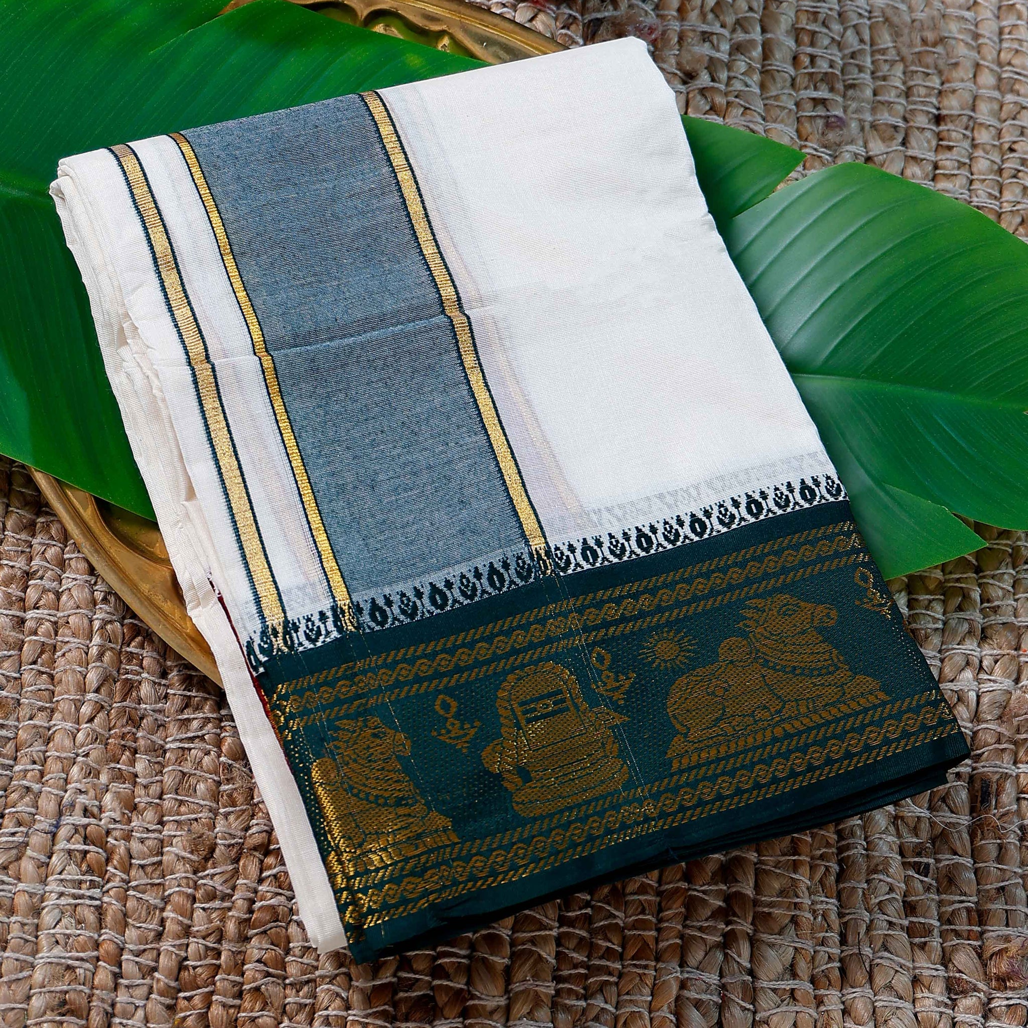 Men’s Cotton Dhoti with Green Colour Border - White