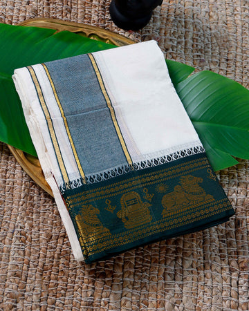 Men’s Cotton Dhoti with Green Colour Border - White