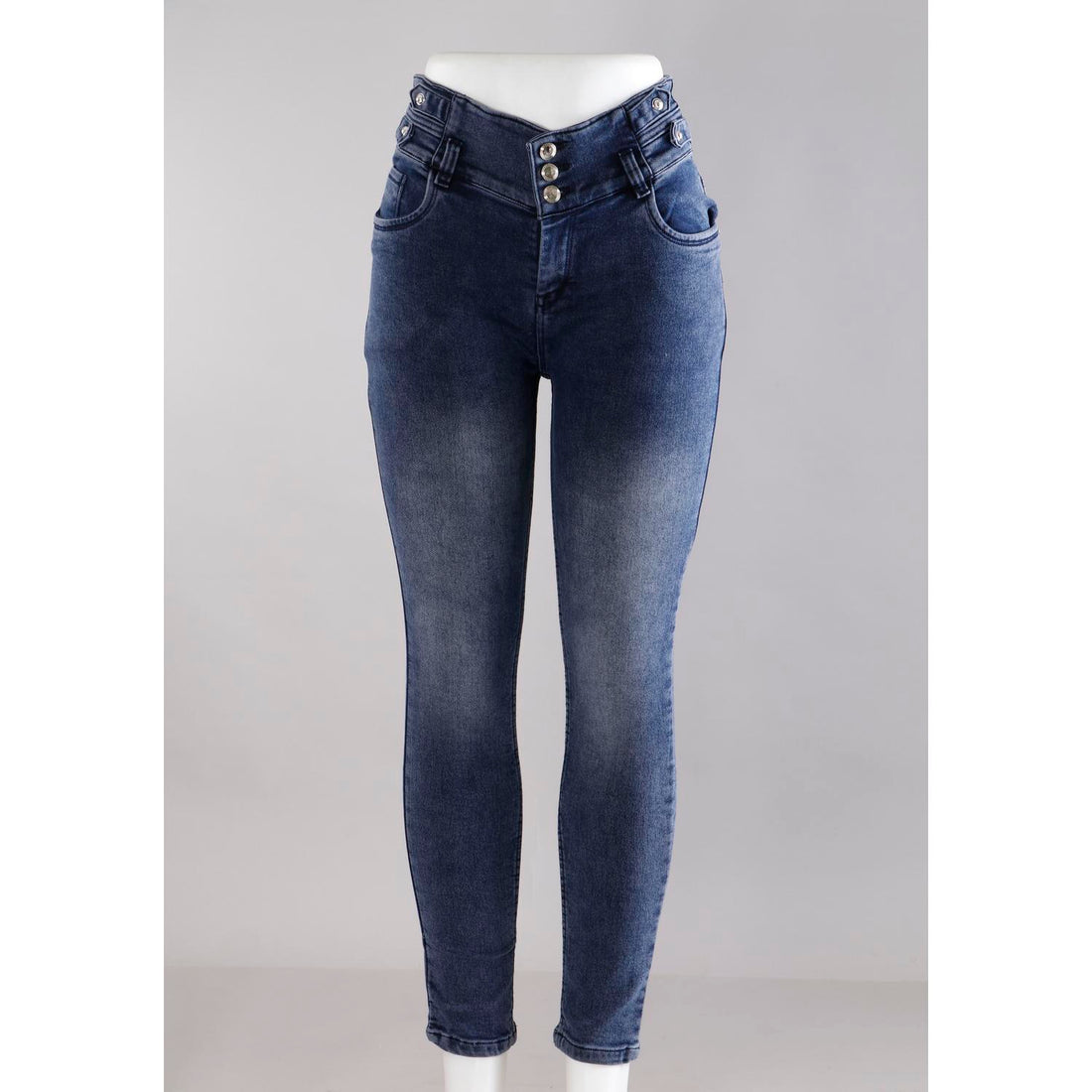 Women Navy Blue Pencil Cut  Button Jeans
