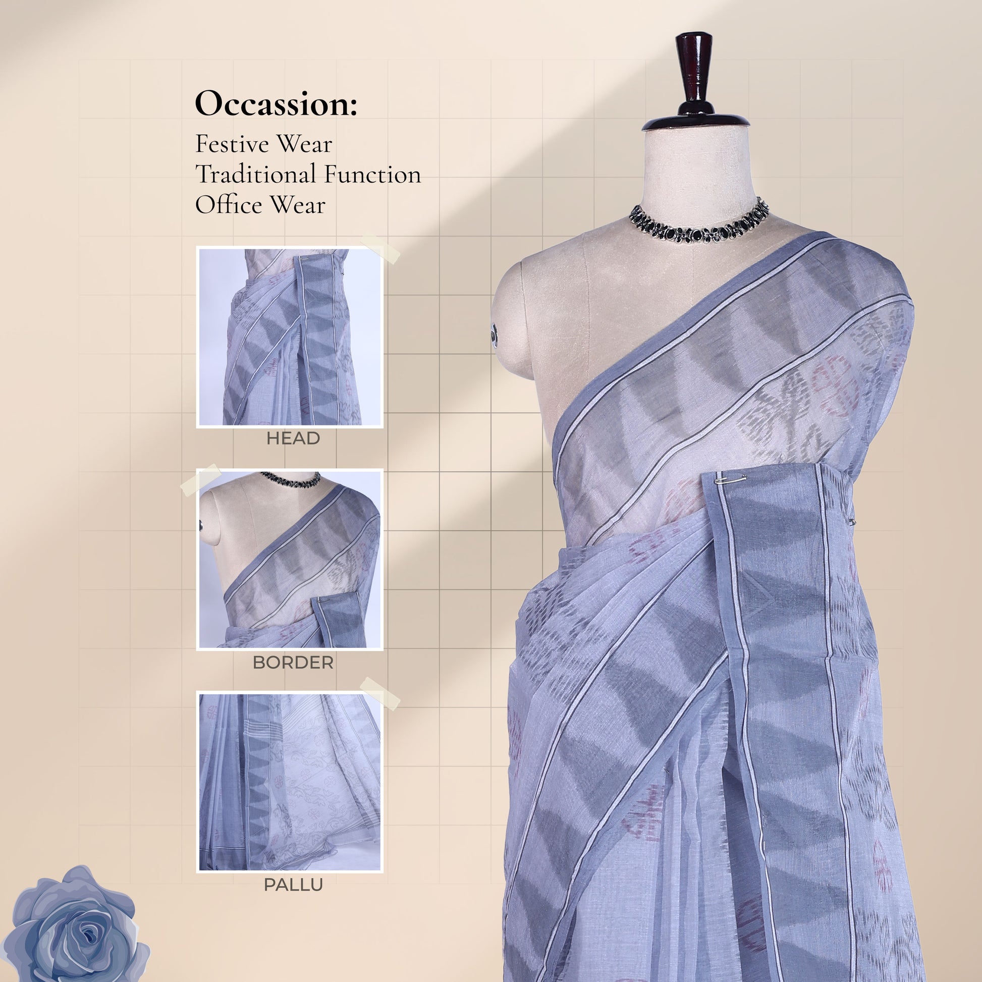 Bengal Cotton Saree with Woven Motifs and Striped Border in Grey Front Draped Mannequin View