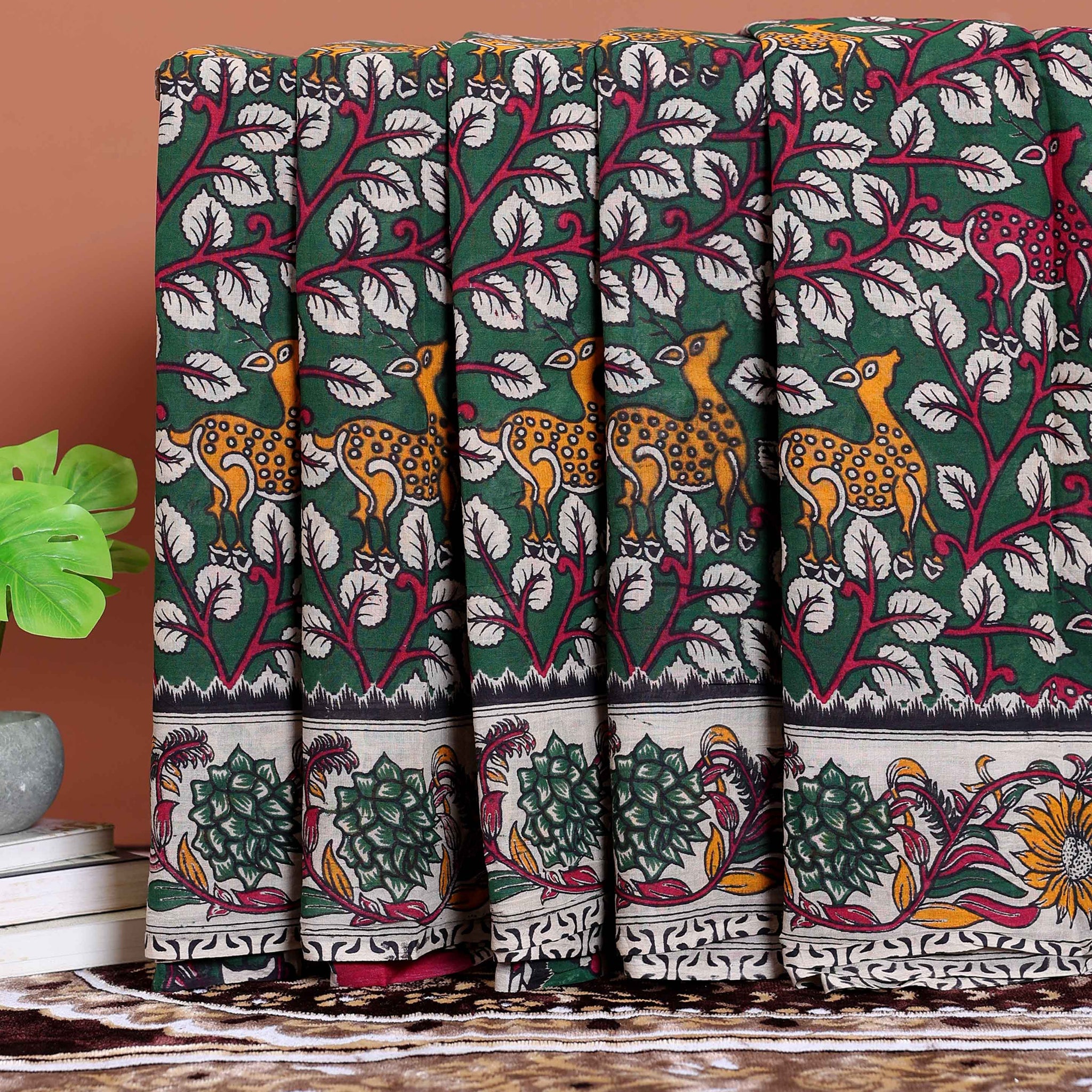 Traditional Kalamkari Cotton Saree with Motifs and Floral Border - Green