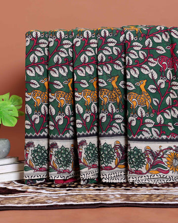 Traditional Kalamkari Cotton Saree with Motifs and Floral Border - Green