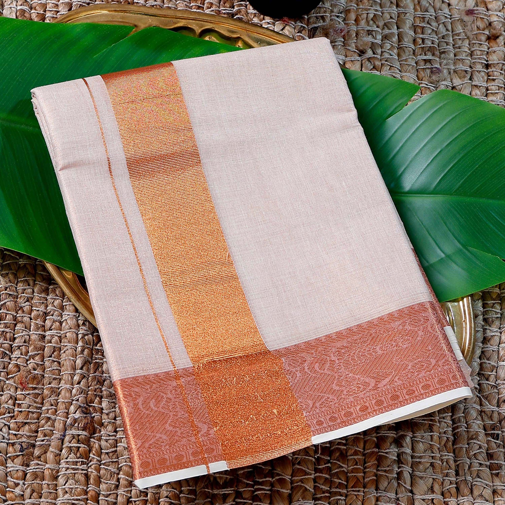Men’s Cotton Dhoti with Copper Colour Border - White