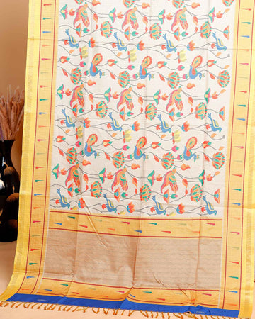 Traditional Kota Cotton Saree with Intricate Floral and Paisley Weaving and Contrast Woven Border - Sandal