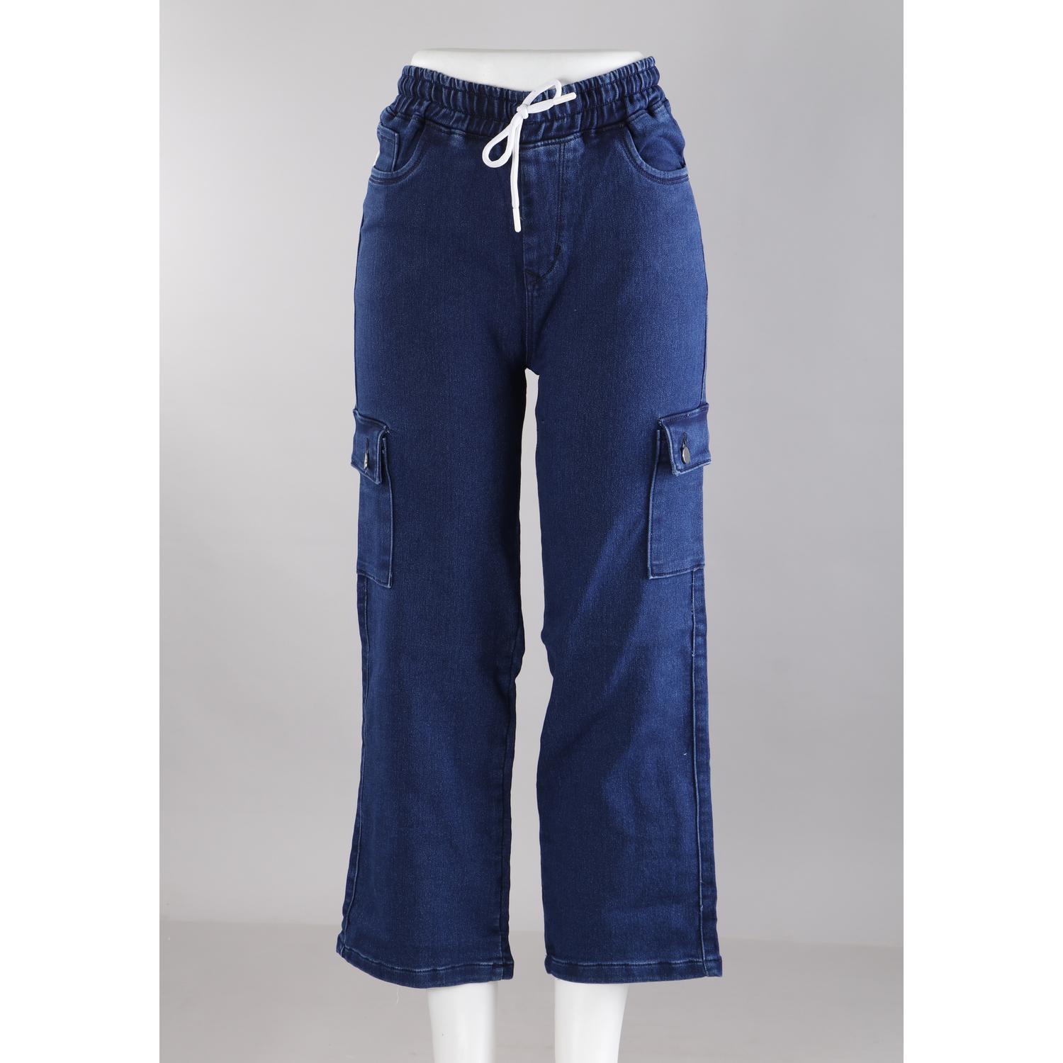 Women Navy Blue Mom Fit Cargo Jeans