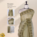 Bengal Cotton Saree with Woven Motifs and Striped Border in Olive Green Front Draped Mannequin View