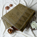 Bengal Cotton Saree with Floral Vine Pattern  and Contrast Striped Pallu in Olive Green - Close Up View