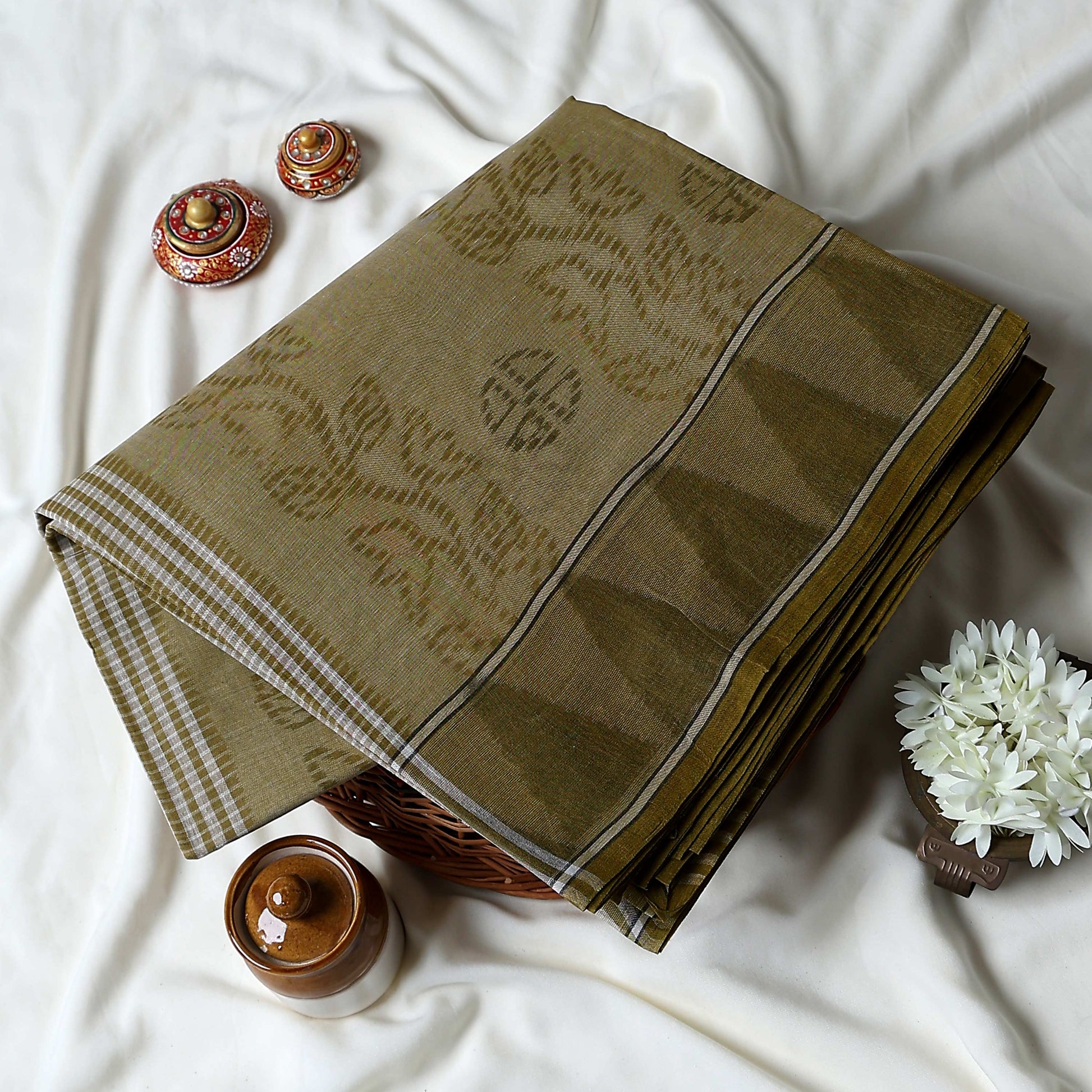 Bengal Cotton Saree with Floral Vine Pattern  and Contrast Striped Pallu in Olive Green - Close Up View