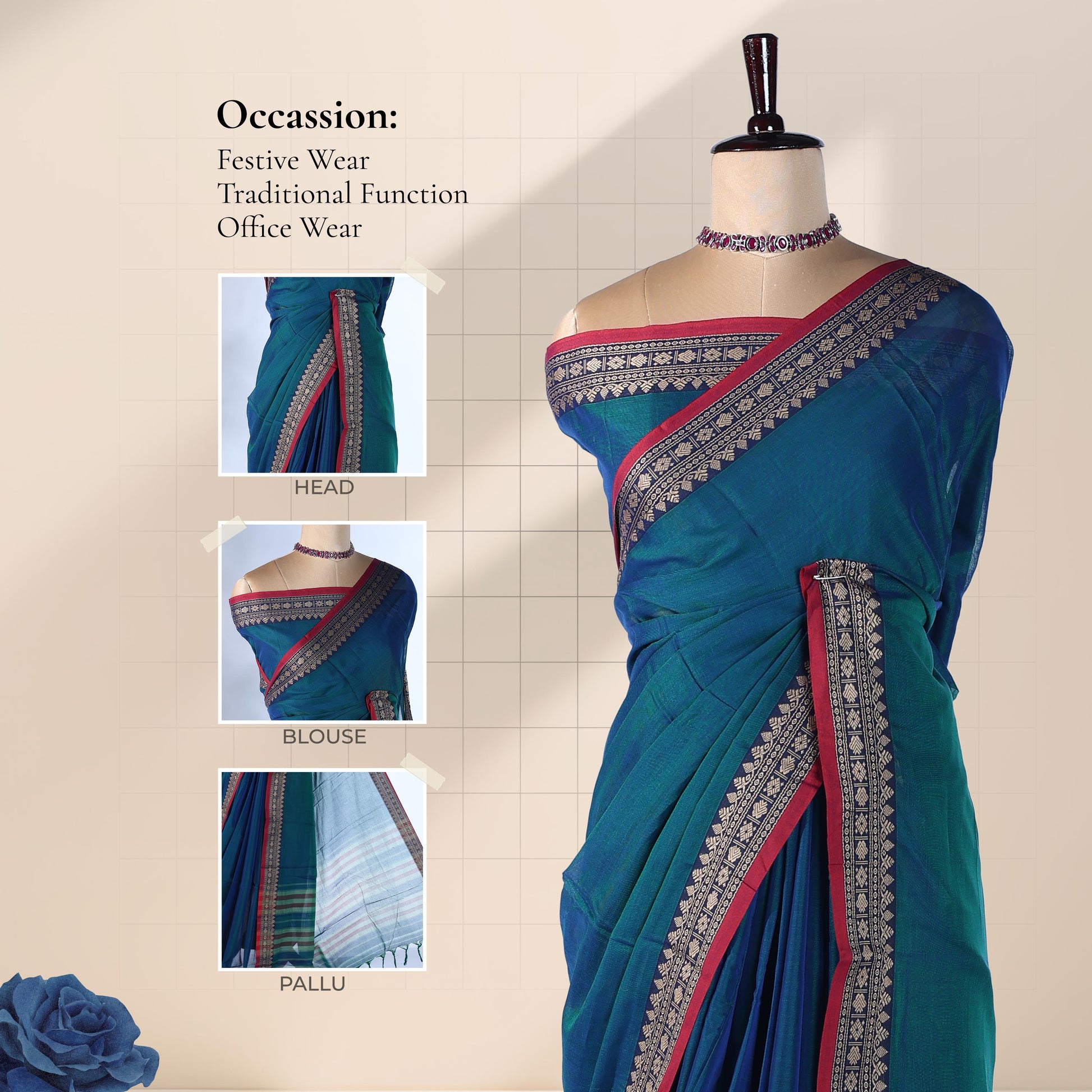 Teal Mangalagiri Cotton Saree With Geometric Zari Border And Red Edging Front View