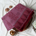 Bengal Cotton Saree with Floral Vine Pattern  and Contrast Striped Pallu in Maroon - Close Up View