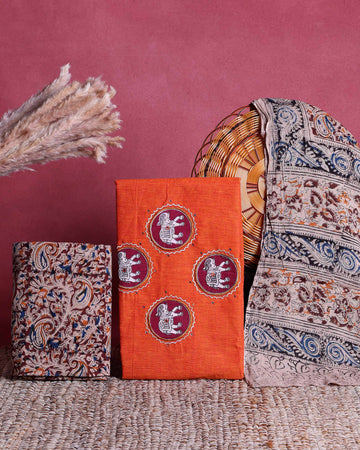 Women’s Unstitched Salwar Suit Material Set with Ethnic Elephant Motif Top 2.5 Mtr Traditional Kalamkari Inspired Printed Dupatta 2.25 Mtr and Coordinated Bottom 2 Mtr, Orange
