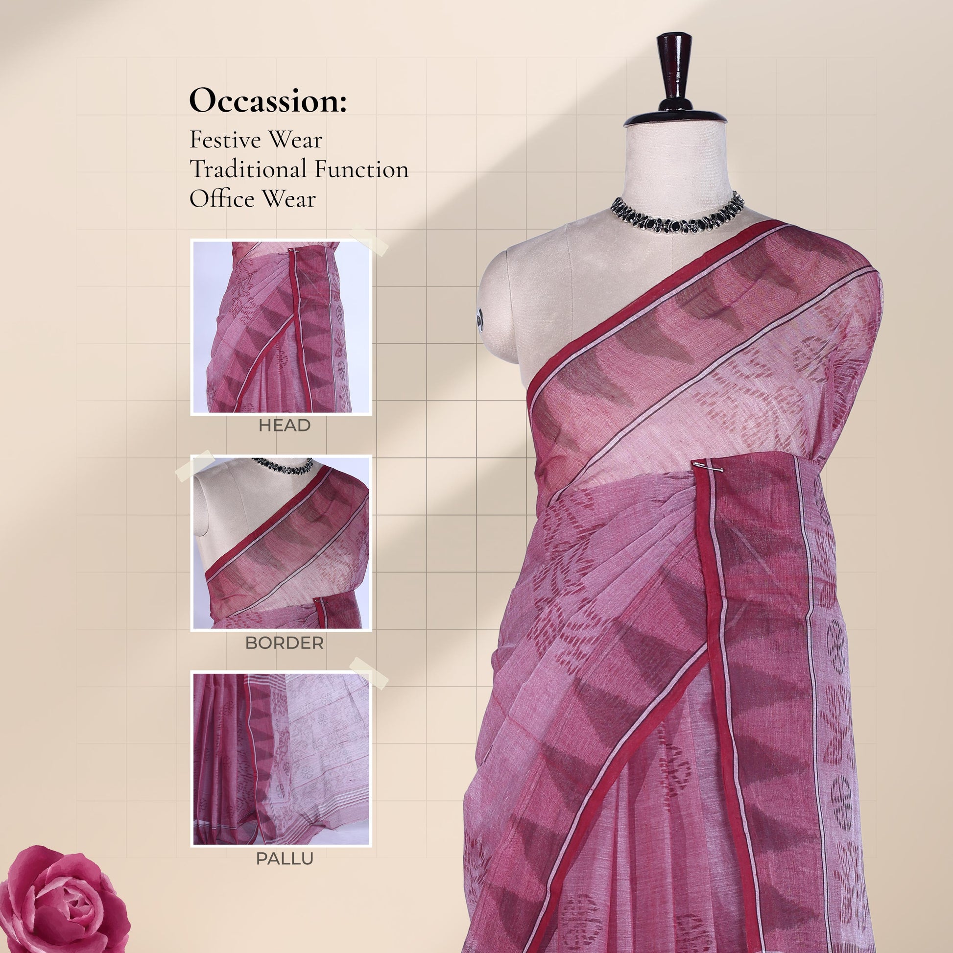Bengal Cotton Saree with Woven Motifs and Striped Border in Maroon Front Draped Mannequin View
