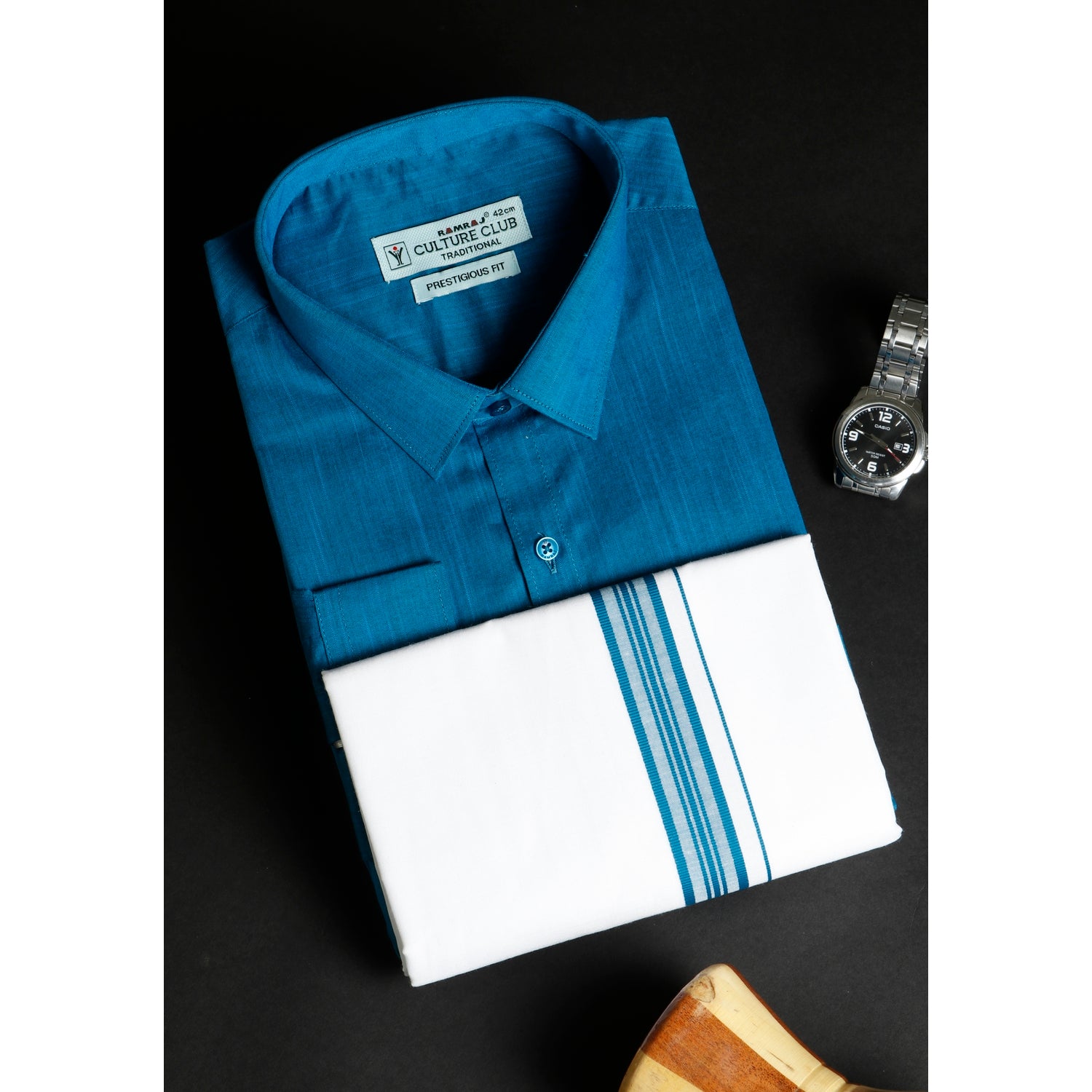 Men's Blue Ramraj Culture Club Traditional Prestigious Fit Shirt & Dhoti Set