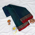 Teal Mangalagiri Cotton Saree With A  Red Woven Border And Traditional Motifs