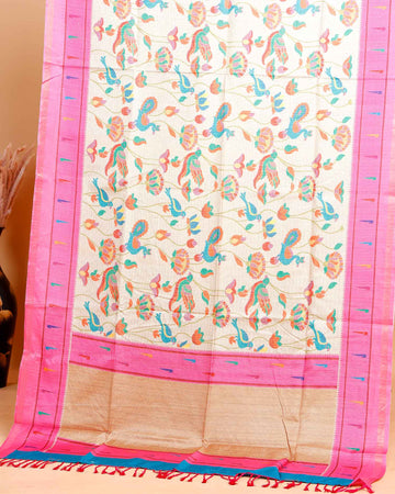 Traditional Kota Cotton Saree with Intricate Floral and Paisley Weaving and Contrast Woven Border - Sandal