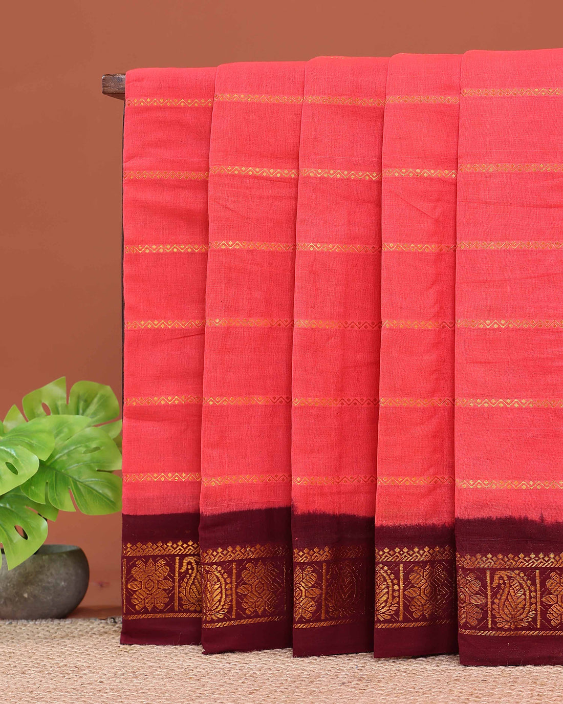 Traditional Sungudi Cotton Saree with Striped Body and Rich Zari Border  - Onion Pink-one