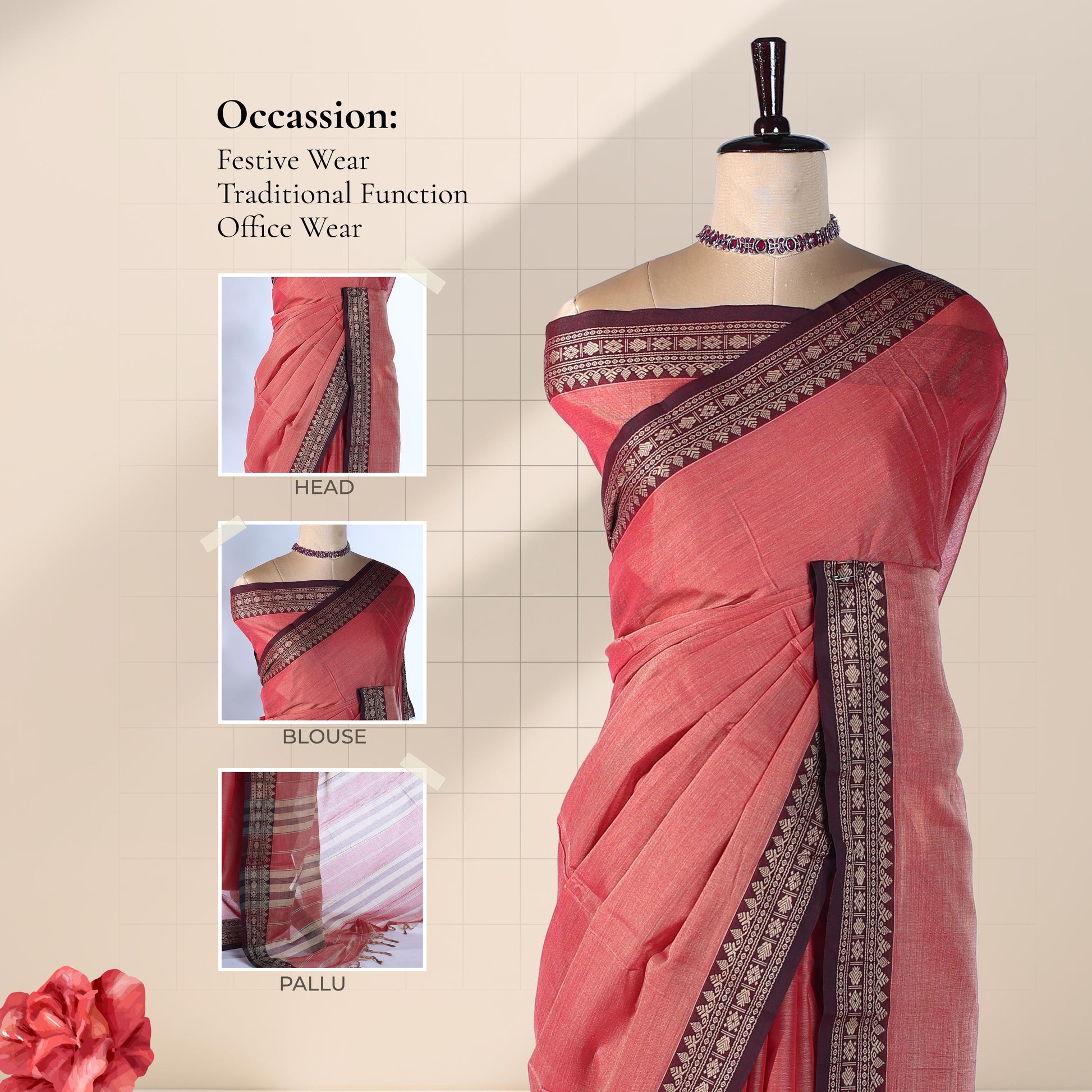 Mangalagiri Cotton Saree With Geometric Zari Border And Dark Maroon Edging Front View