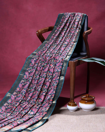 Elegant Dola Silk Saree with All-Over Traditional Paisley Buti Motifs and Intricate Zari Woven Floral Border - Dark Green