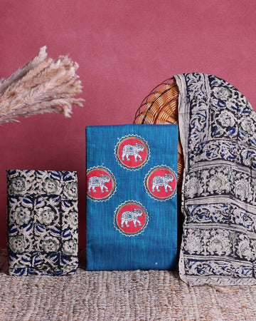 Women’s Unstitched Salwar Suit Material Set with Ethnic Elephant Motif Top 2.5 Mtr Traditional Kalamkari Inspired Printed Dupatta 2.25 Mtr and Coordinated Bottom 2 Mtr, Teal