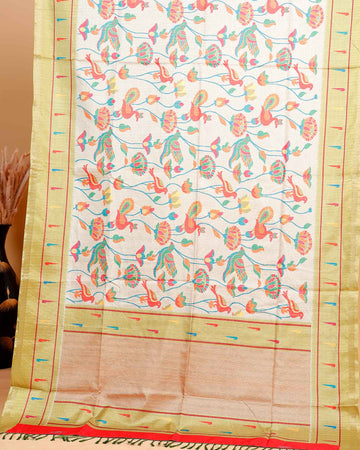 Traditional Kota Cotton Saree with Intricate Floral and Paisley Weaving and Contrast Woven Border - Sandal