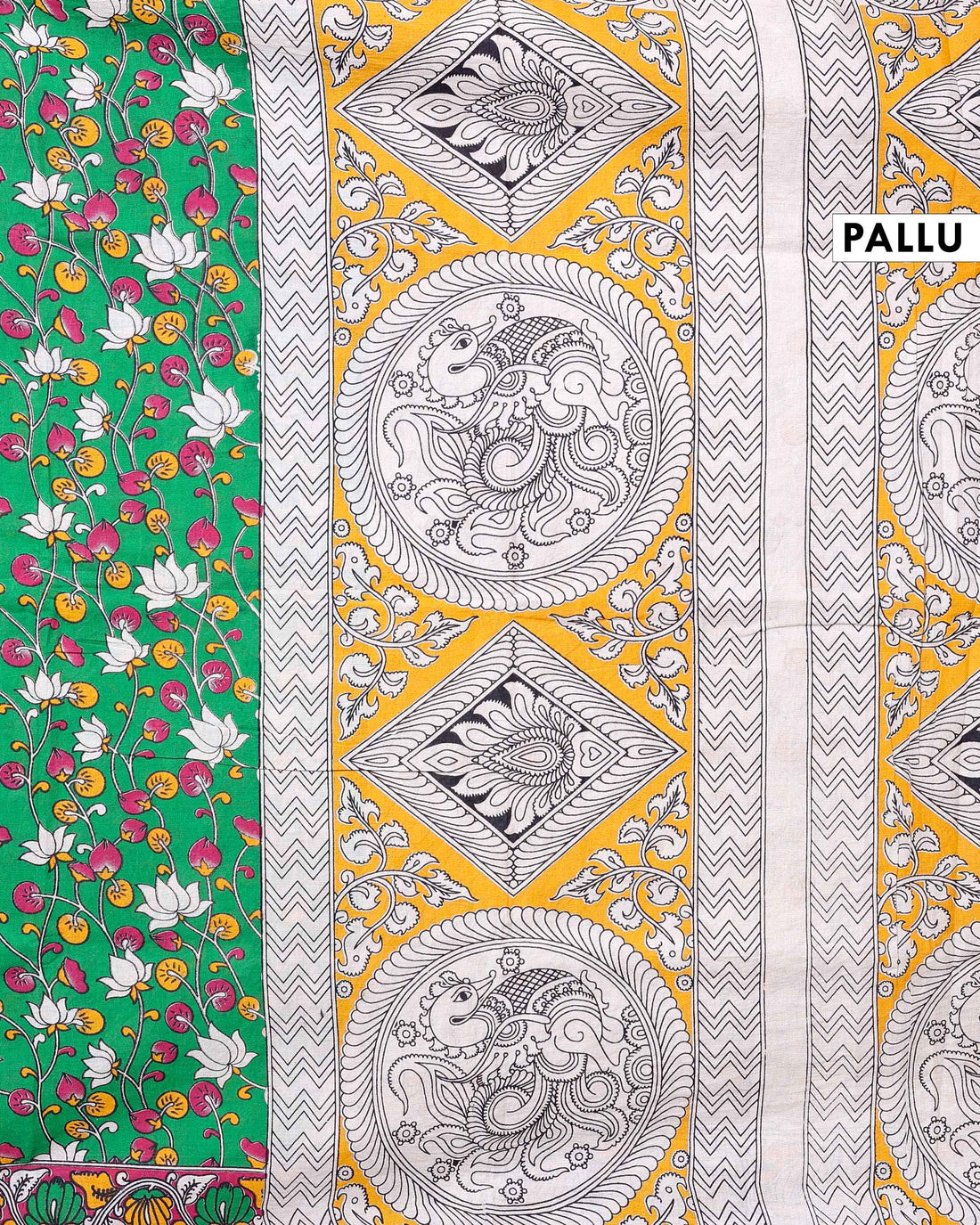 Hand-Painted Kalamkari Cotton Saree with Traditional Lotus and Floral Motifs - Green