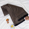 Dark Brown Mangalagiri Cotton Saree With Intricate Geometric Zari Border And Red Edging Close Up Folded View