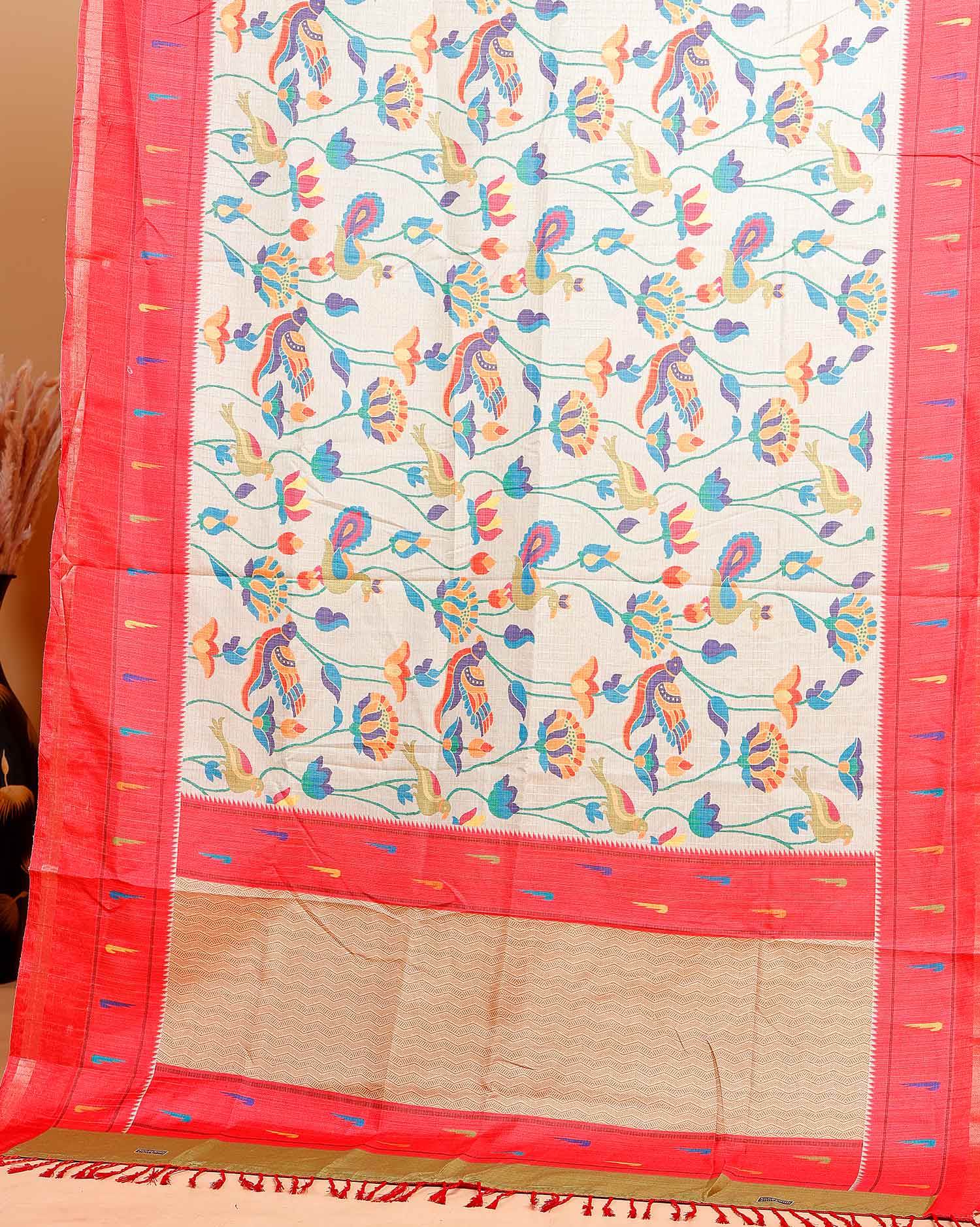 Traditional Kota Cotton Saree with Intricate Floral and Paisley Weaving and Contrast Woven Border - Sandal