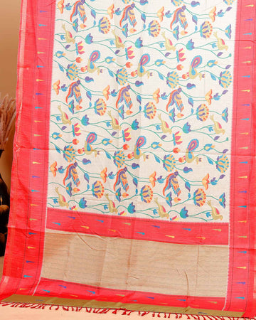Traditional Kota Cotton Saree with Intricate Floral and Paisley Weaving and Contrast Woven Border - Sandal