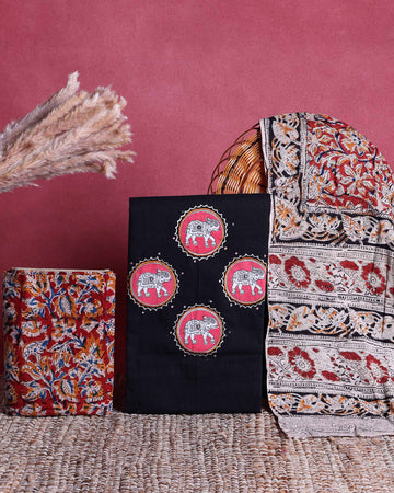 Women’s Unstitched Salwar Suit Material Set with Ethnic Elephant Motif Top 2.5 Mtr Traditional Kalamkari Inspired Printed Dupatta 2.25 Mtr and Coordinated Bottom 2 Mtr, Black