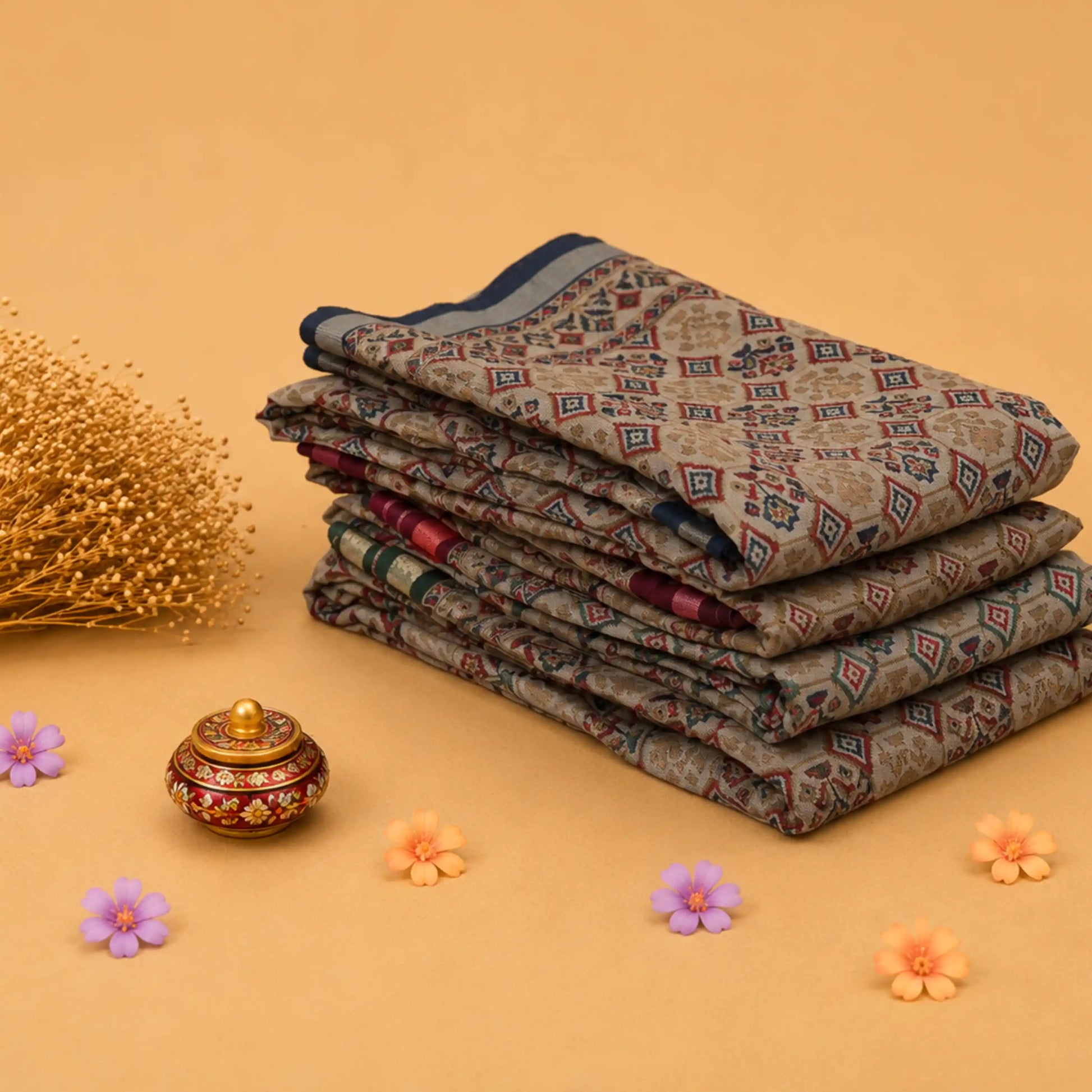 Semi Chanderi sarees with traditional geometric print in grey folded stack front view with contrast borders.