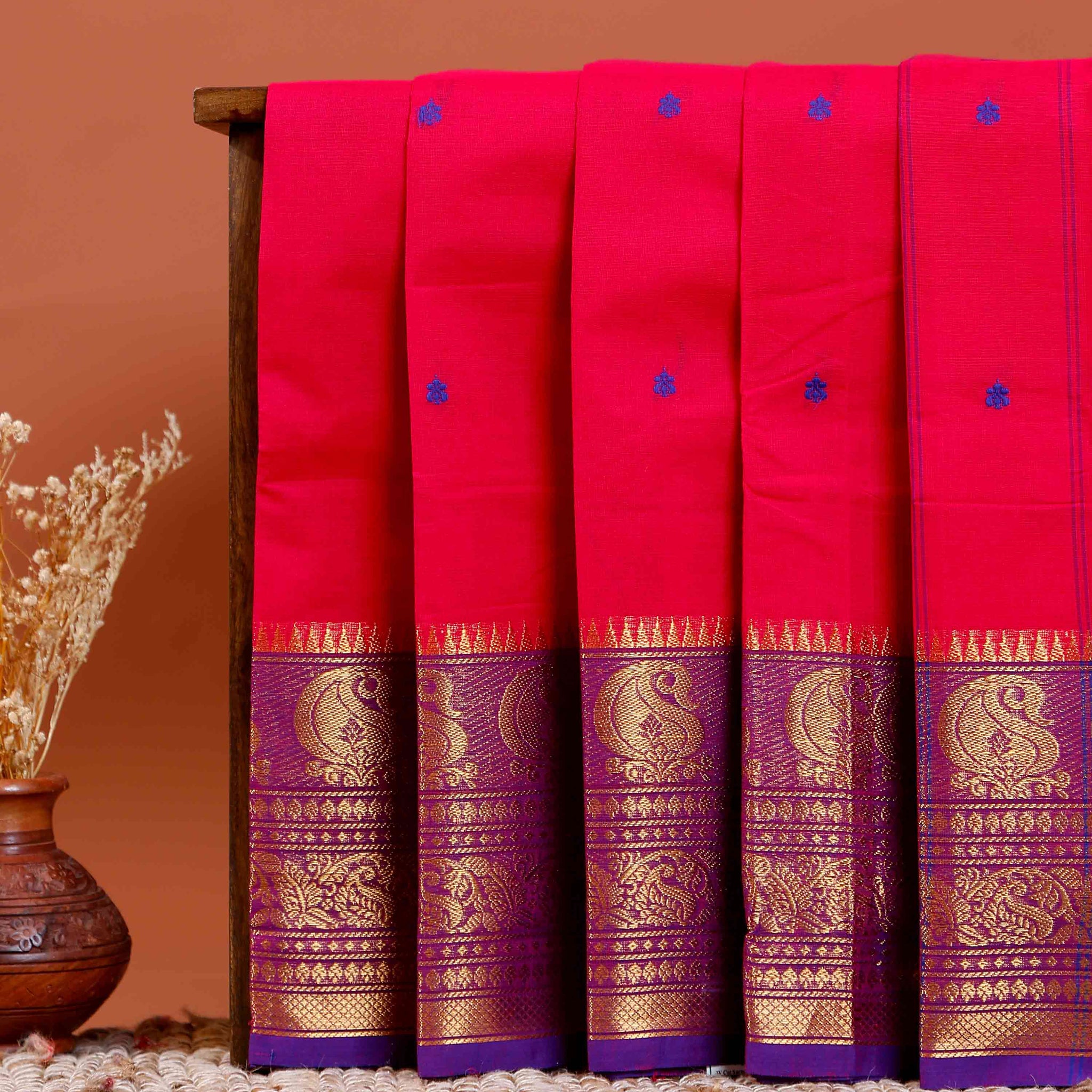 Handloom Chettinad Cotton Saree with Butta Weaves, Zari Peacock Motif Border and Contrast Pallu - Pink