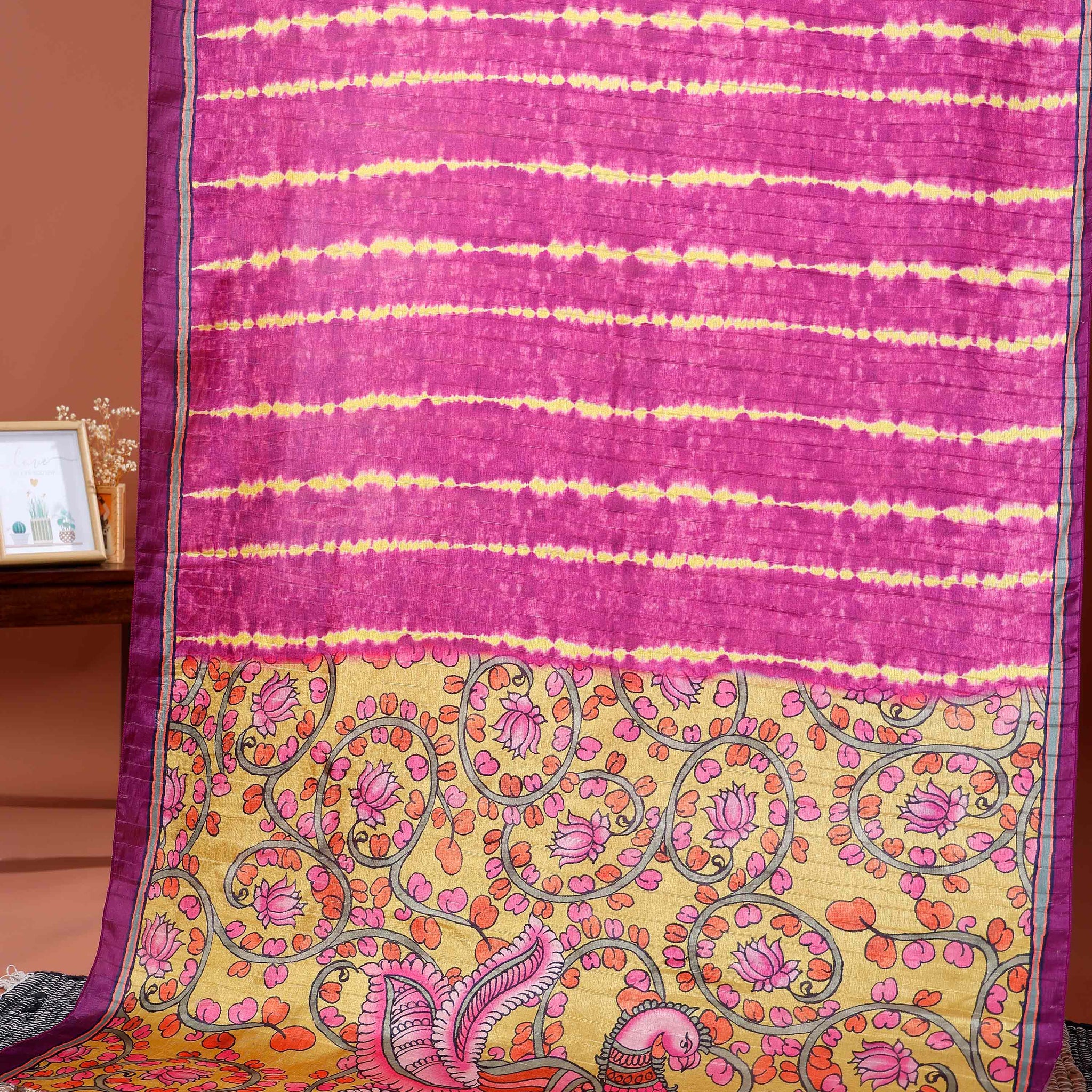 Elegant Semi Tussar Silk Saree with Intricate Nature-Inspired Patterns and Textured Stripes - Dark Purple