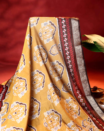 Elegant Semi Chanderi Saree with Traditional Floral Motifs and Zari Woven Contrast Border - Mustard Yellow